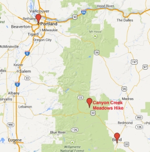 Map of hike in relation to Portland and Bend, Oregon