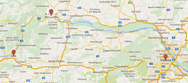 Map showing Vienna, Melk & Krems, Austria